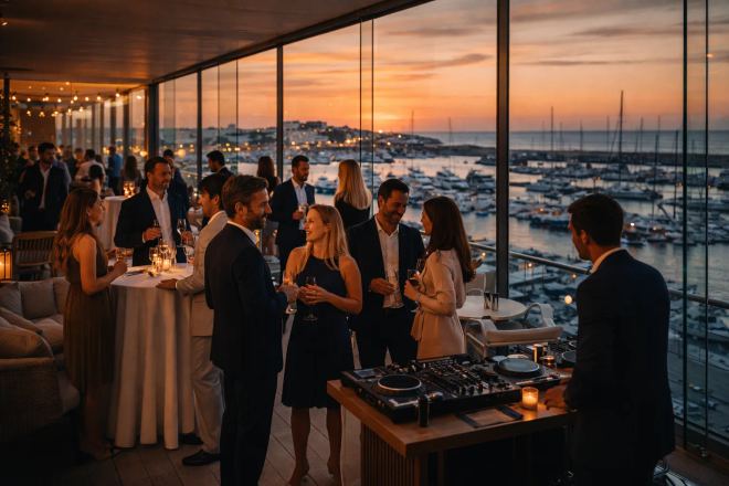 Guests at a BTQ-produced corporate cocktail reception at sunset