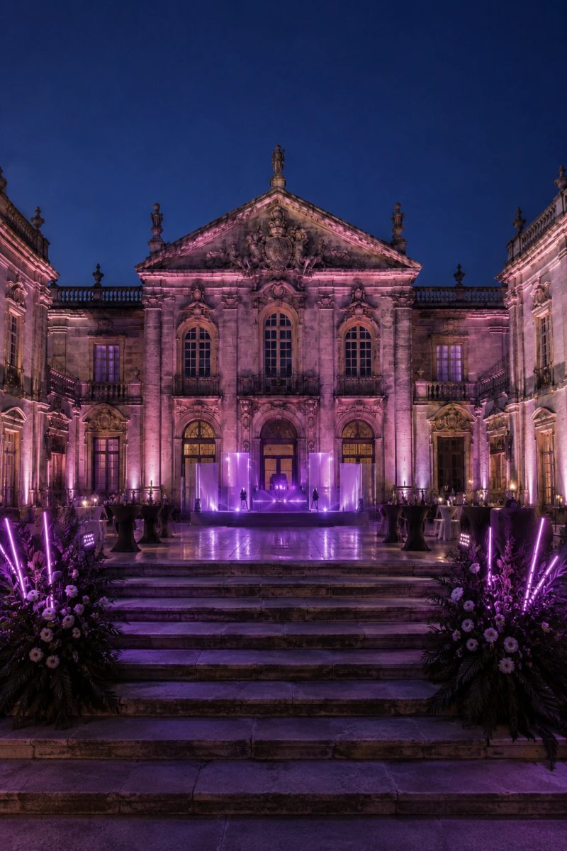 Portuguese heritage palace staged for a BTQ corporate event at blue hour