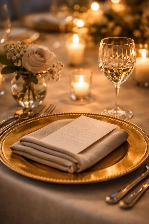 Table detail at a BTQ gala dinner with place settings and candlelight