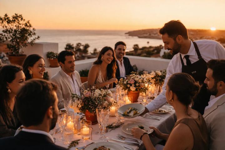 Private dinner table set on a terrace at dusk for a BTQ-produced programme