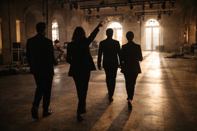 BTQ production team during a technical walkthrough inside a Sintra palace