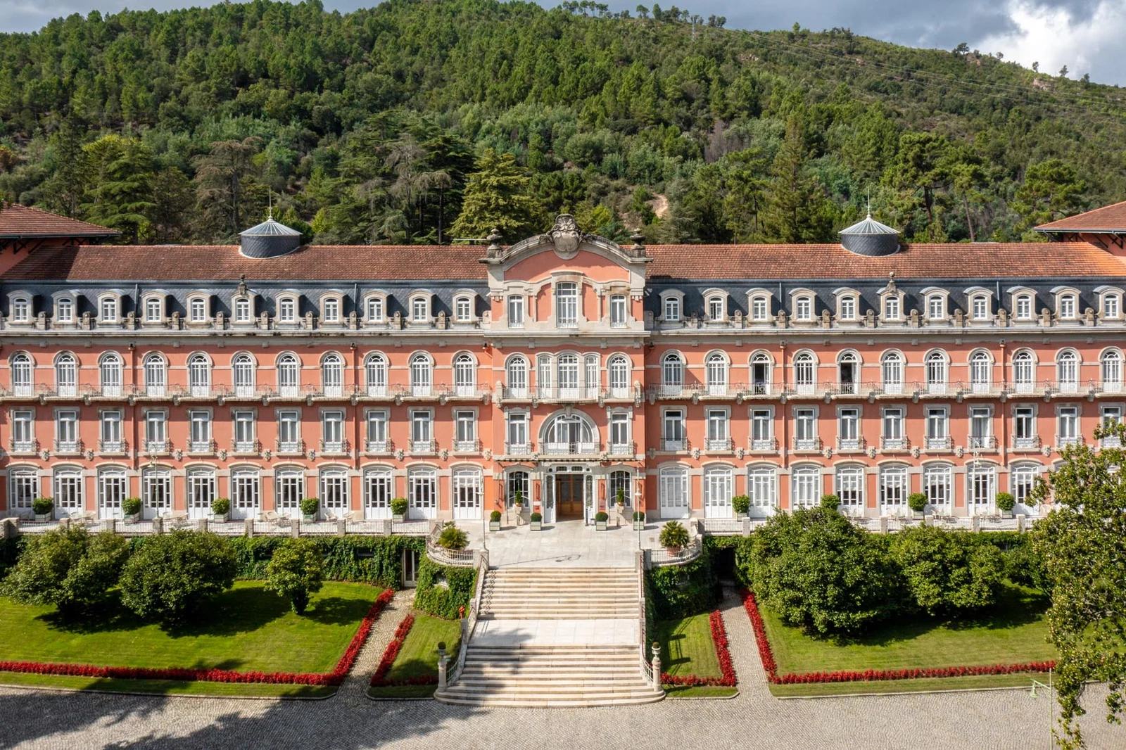 Vidago Palace Hotel, the 1910 Belle-Époque palace facade in Vidago Natural Park, Northern Portugal, commissioned by King Carlos I and set in a 110-hectare park