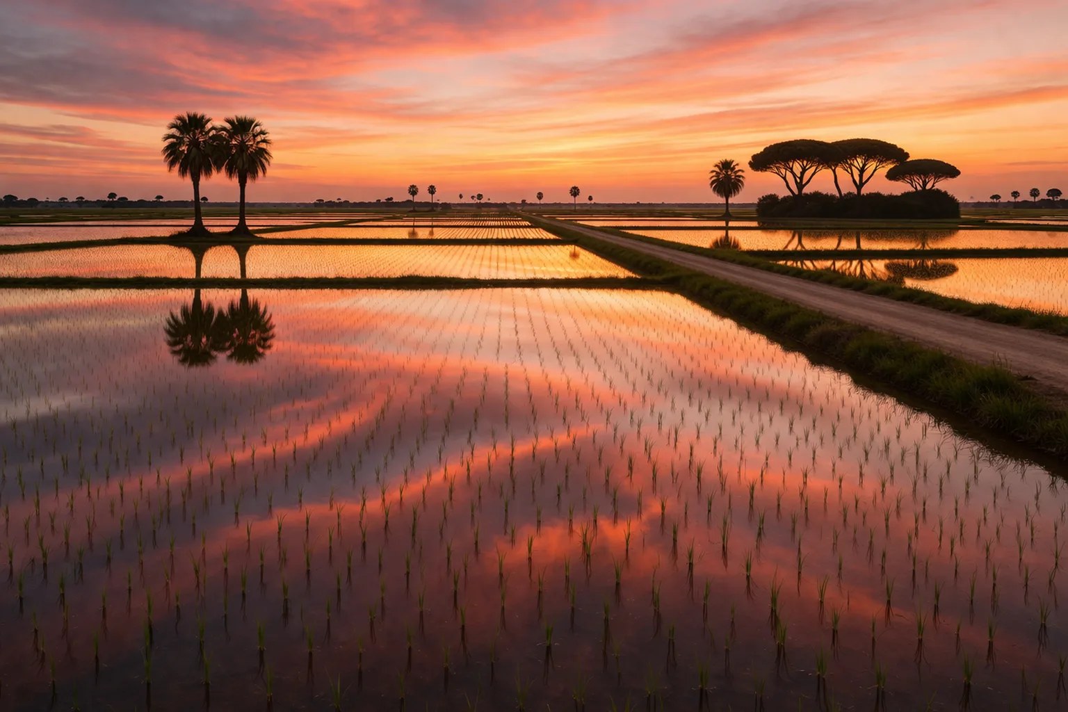 Comporta rice paddies at sunset with pine forest on the horizon