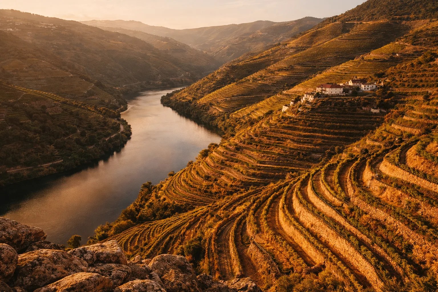 Terraced vineyards of the Douro Valley in golden light