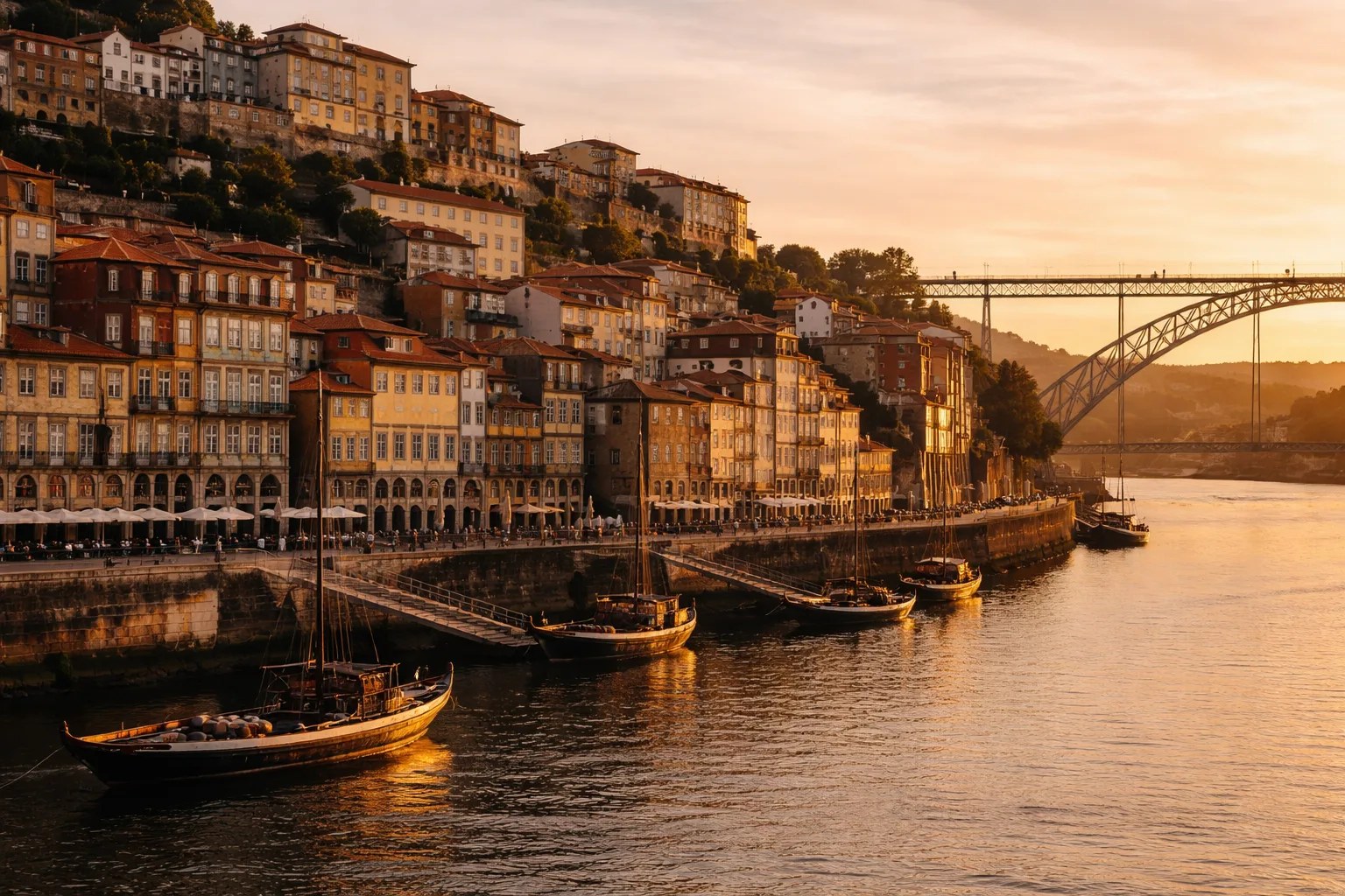 Porto Ribeira and the Douro riverfront at golden hour