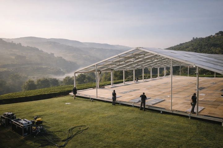 BTQ production team raising a marquee structure on a vineyard estate in the Douro hills